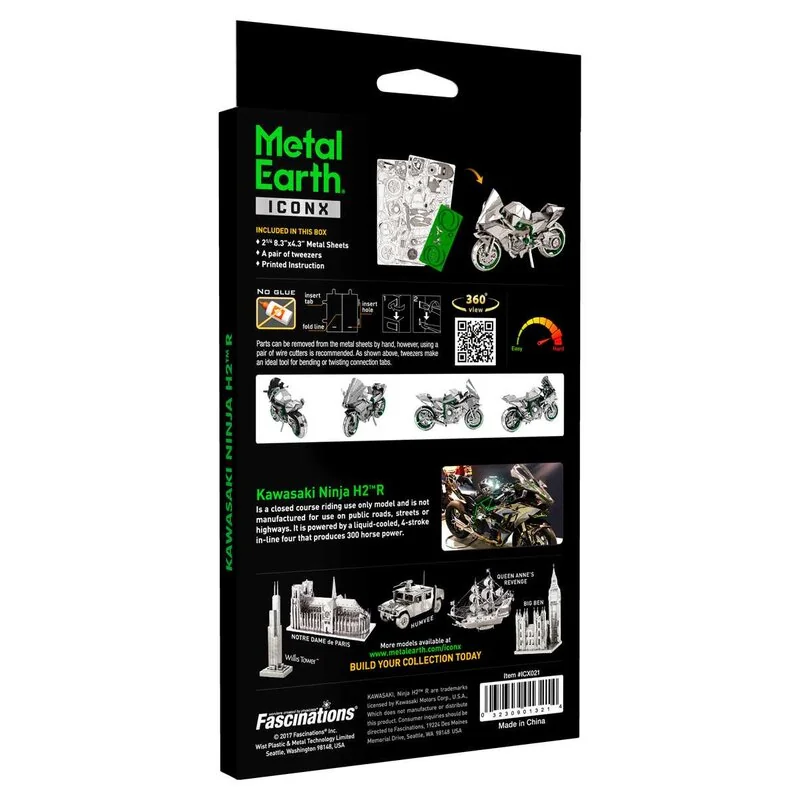 MetalEarth: ICONX - KAWASAKI NINJA 12.19x5.08x7.62cm, modello in metallo 3D con 2 fogli, in scatola 13,5x22x2cm, 14+