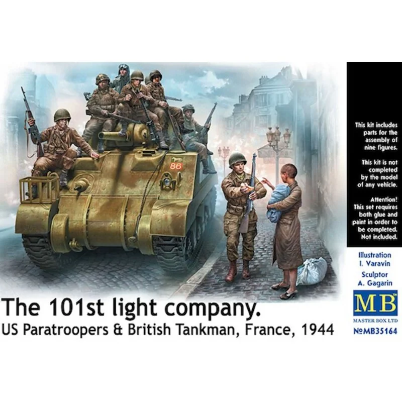 L'azienda luce 101 °. 7 x Stati Uniti Paracadutisti, 1 x britannico Tankman e 1 x donna civile porta un bambino